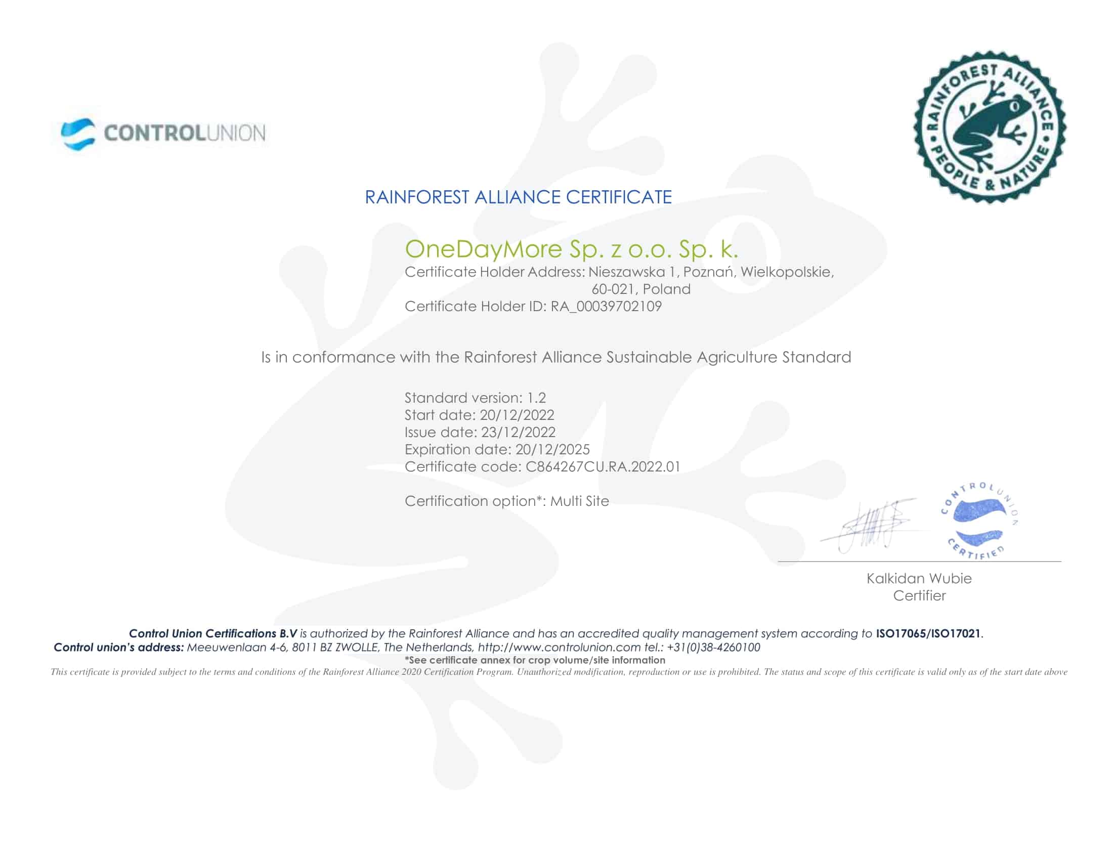 certyfikat Rainforest Alliance - OneDayMore