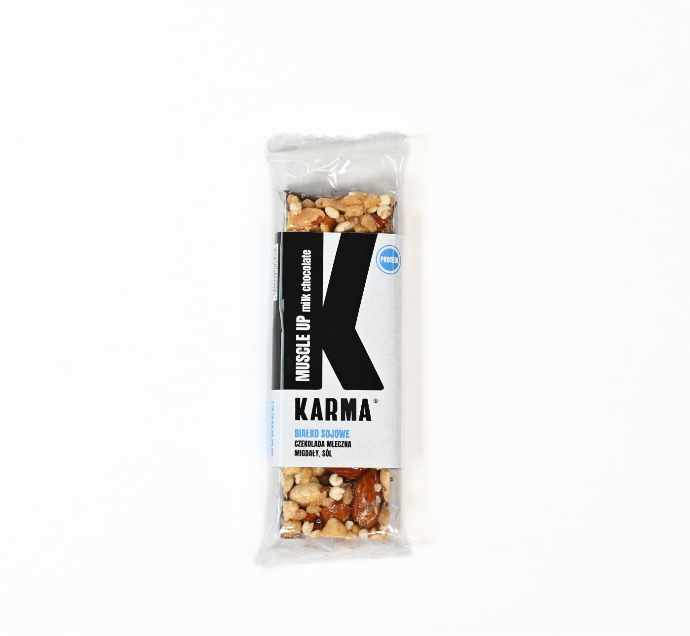 Baton migdałowy z orzeszkami ziemnymi, czekoladą mleczną i białkiem sojowym – MUSCLE UP Karma